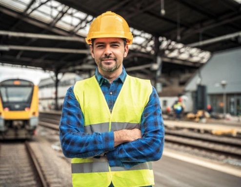 Ein Mann in Arbeitskleidung und Helm steht am Bahnhof mit Zügen im Hintergrund.